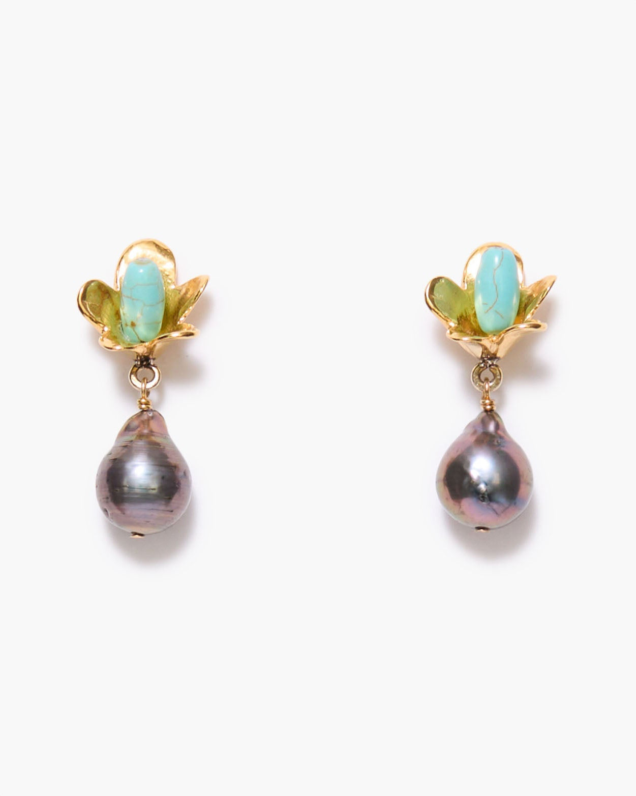 Eg-5943Lq 18K gold plated silver earrings with turquoise and freshwater baroque pearls by CHAN LUU