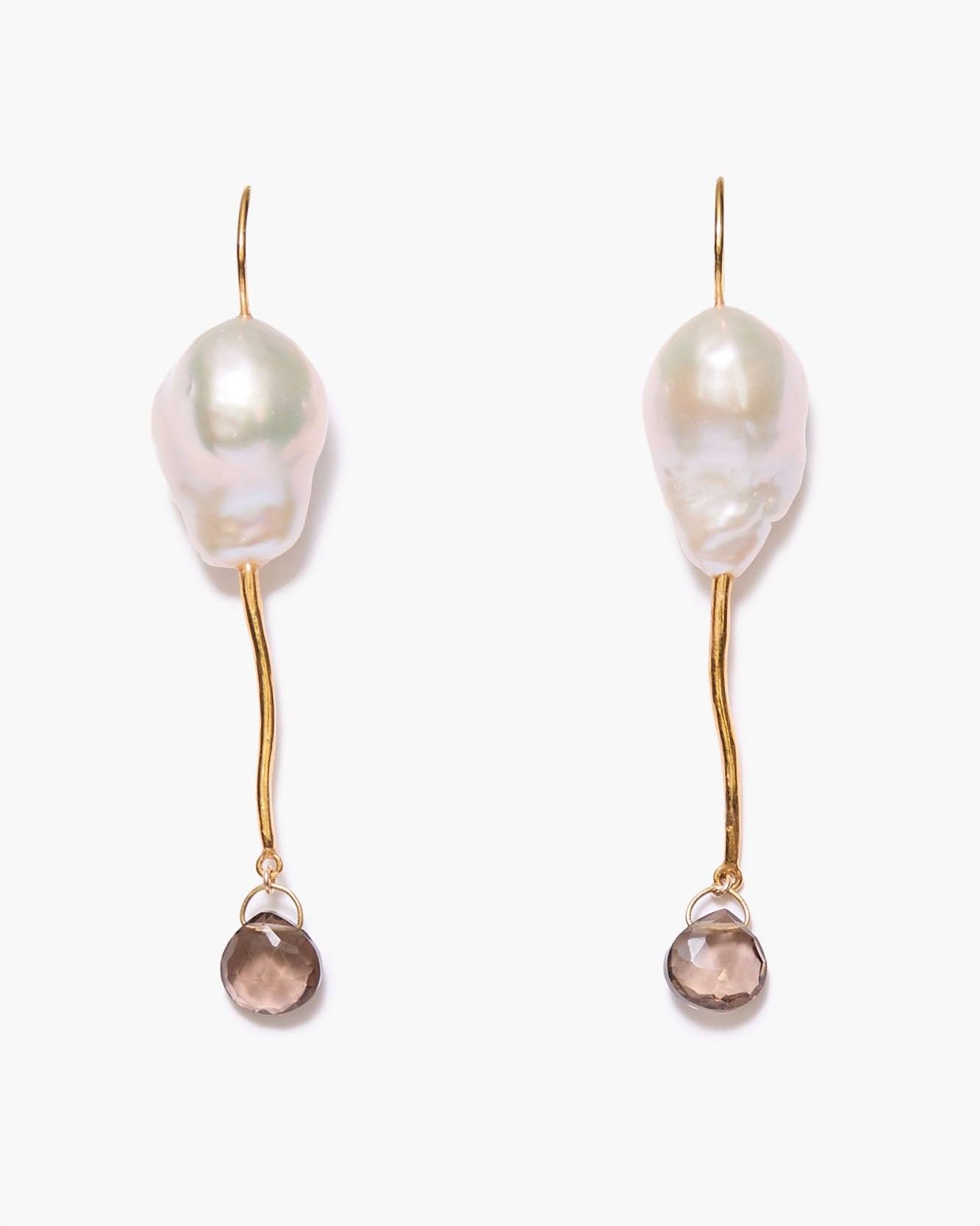 Eg-5944 18K gold plated sterling silver earrings with baroque pearls and smokey quartz by CHAN LUU