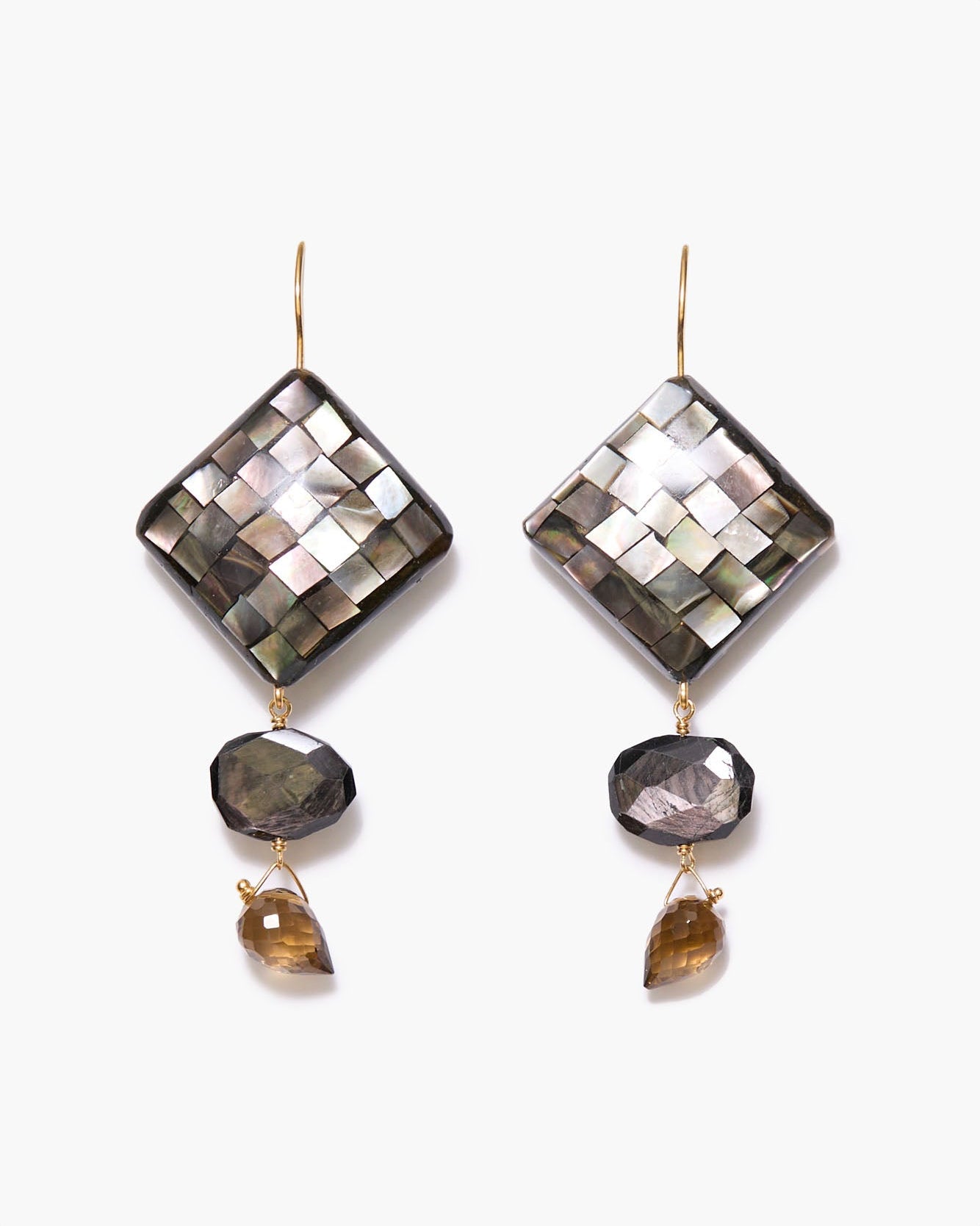Eg-5946 18k gold plated earrings with mosaic black mother of pearl, hypersthene, whiskey quartz