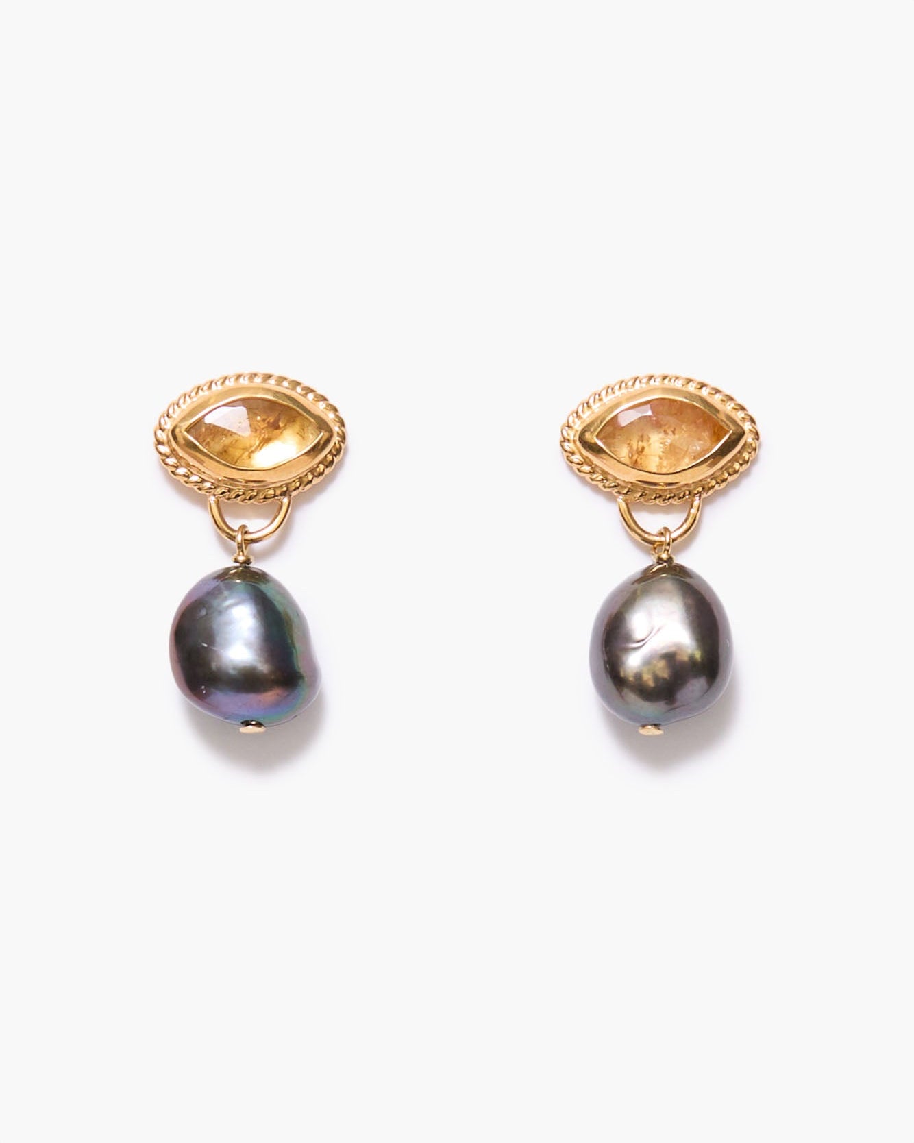 Eg-5948Lq 18K gold plated sterling silver earrings with bezel citrine and peacock pearl drops by CHAN LUU