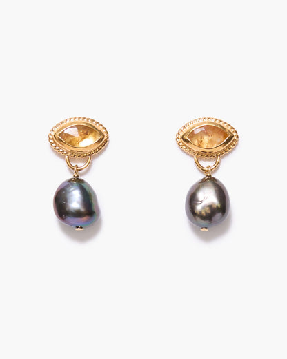 Eg-5948Lq 18K gold plated sterling silver earrings with bezel citrine and peacock pearl drops by CHAN LUU