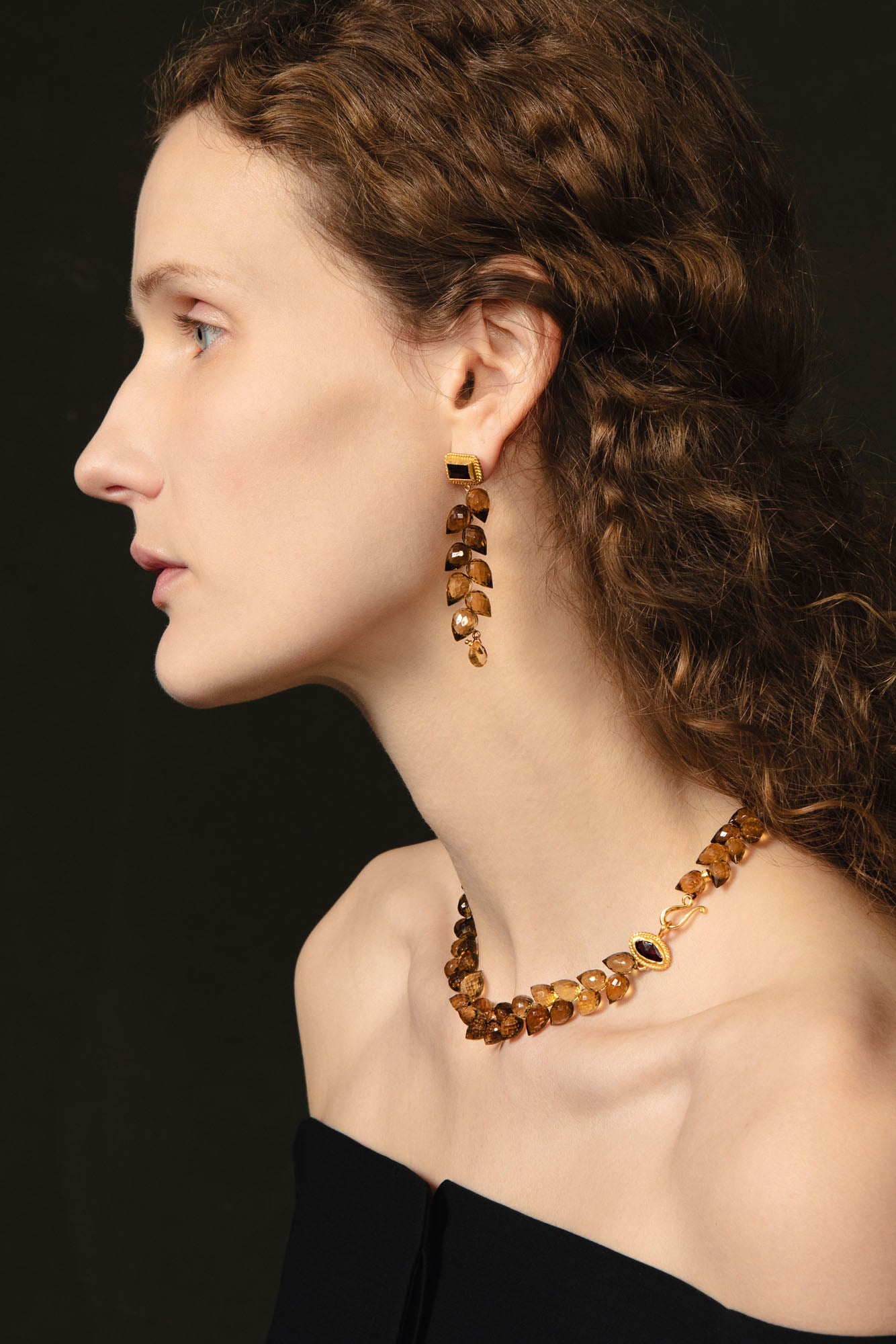 Eg-5959 gold plated sterling silver earrings with garnet, whisky quartz, and citrine by CHAN LUU
