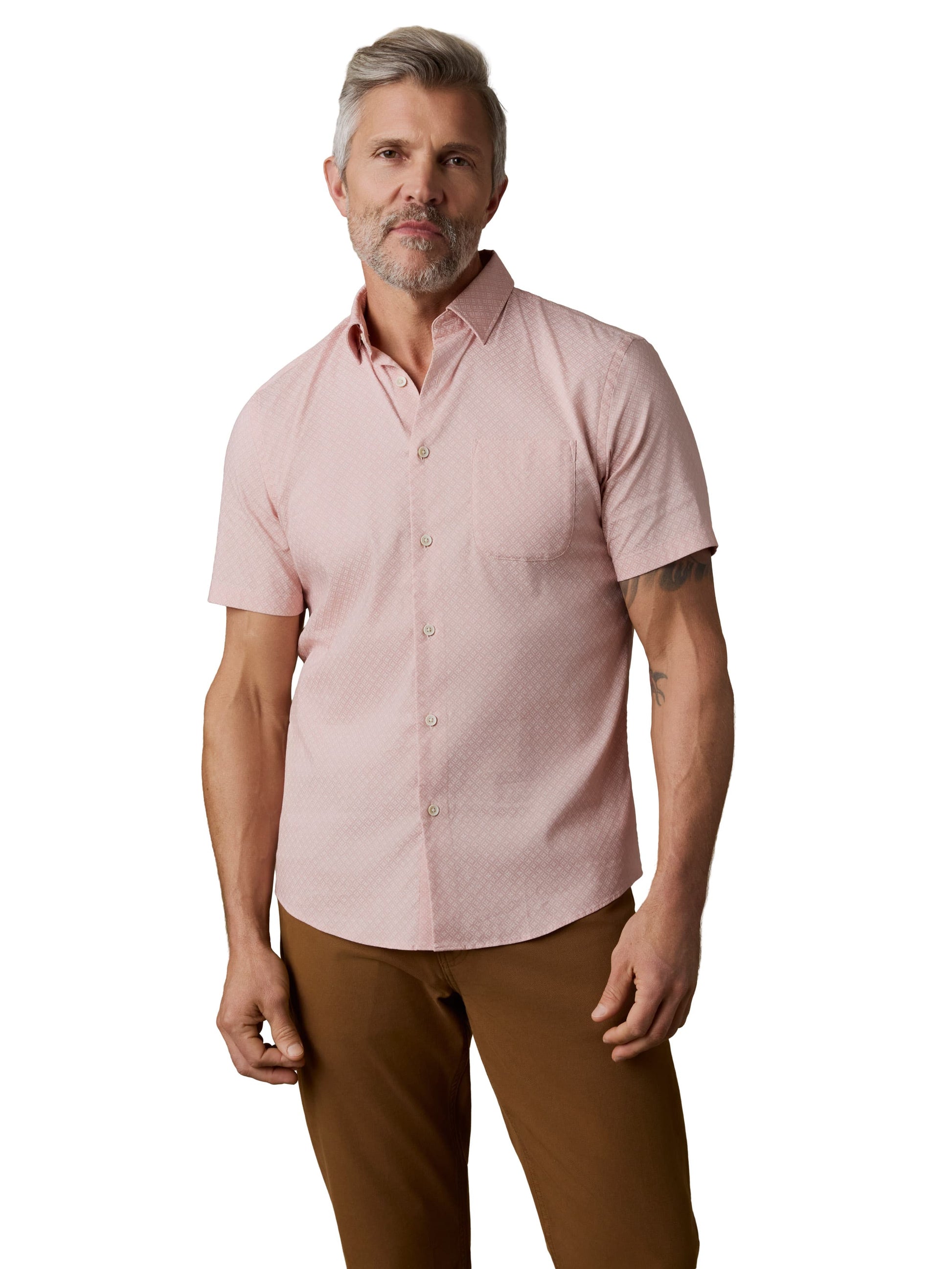 SS Movement Monterey Shirt - Sedona Petal Tile by FAHERTY, lightweight geometric floral men's short sleeve shirt