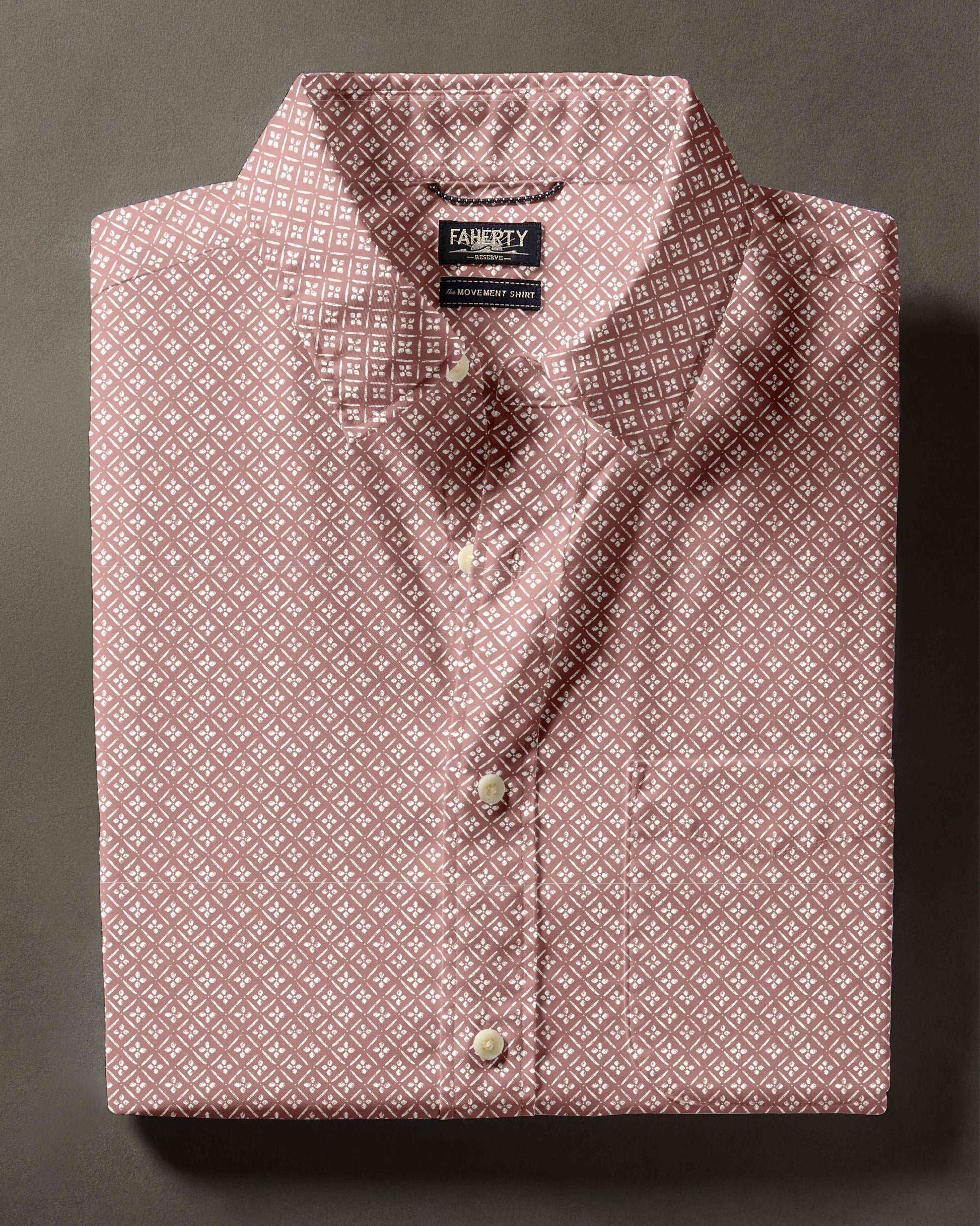 SS Movement Monterey Shirt - Sedona Petal Tile by FAHERTY, men's short sleeve shirt with floral geometric pattern
