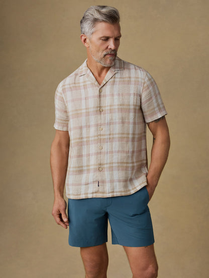 SS Palma Linen Camp Shirt - Shore Sun Woodblock, breathable plaid linen men's short sleeve by FAHERTY
