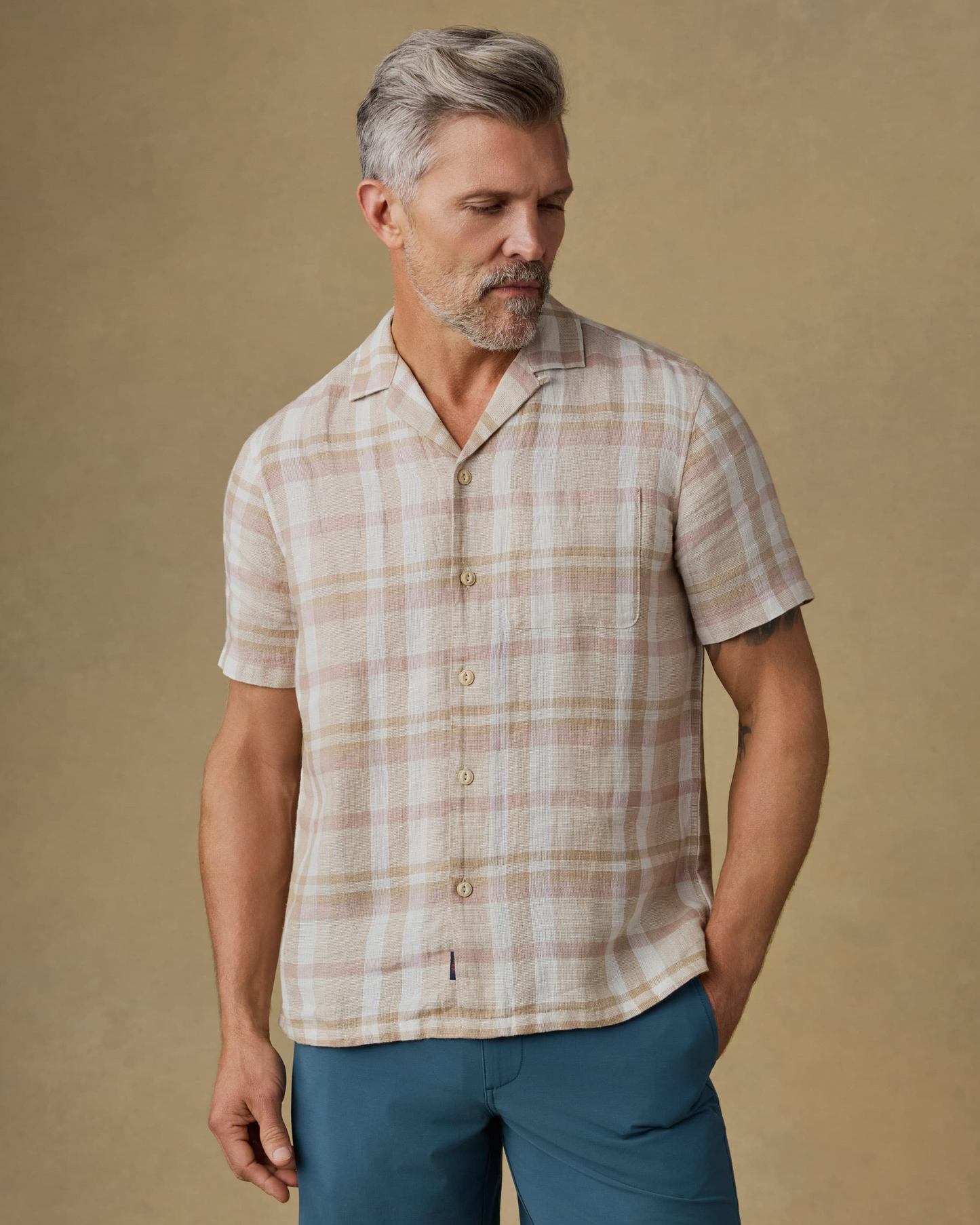 SS Palma Linen Camp Shirt - Shore Sun Woodblock, breathable plaid linen men's short sleeve by FAHERTY