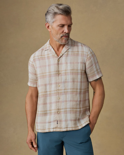SS Palma Linen Camp Shirt - Shore Sun Woodblock, breathable plaid linen men's short sleeve by FAHERTY