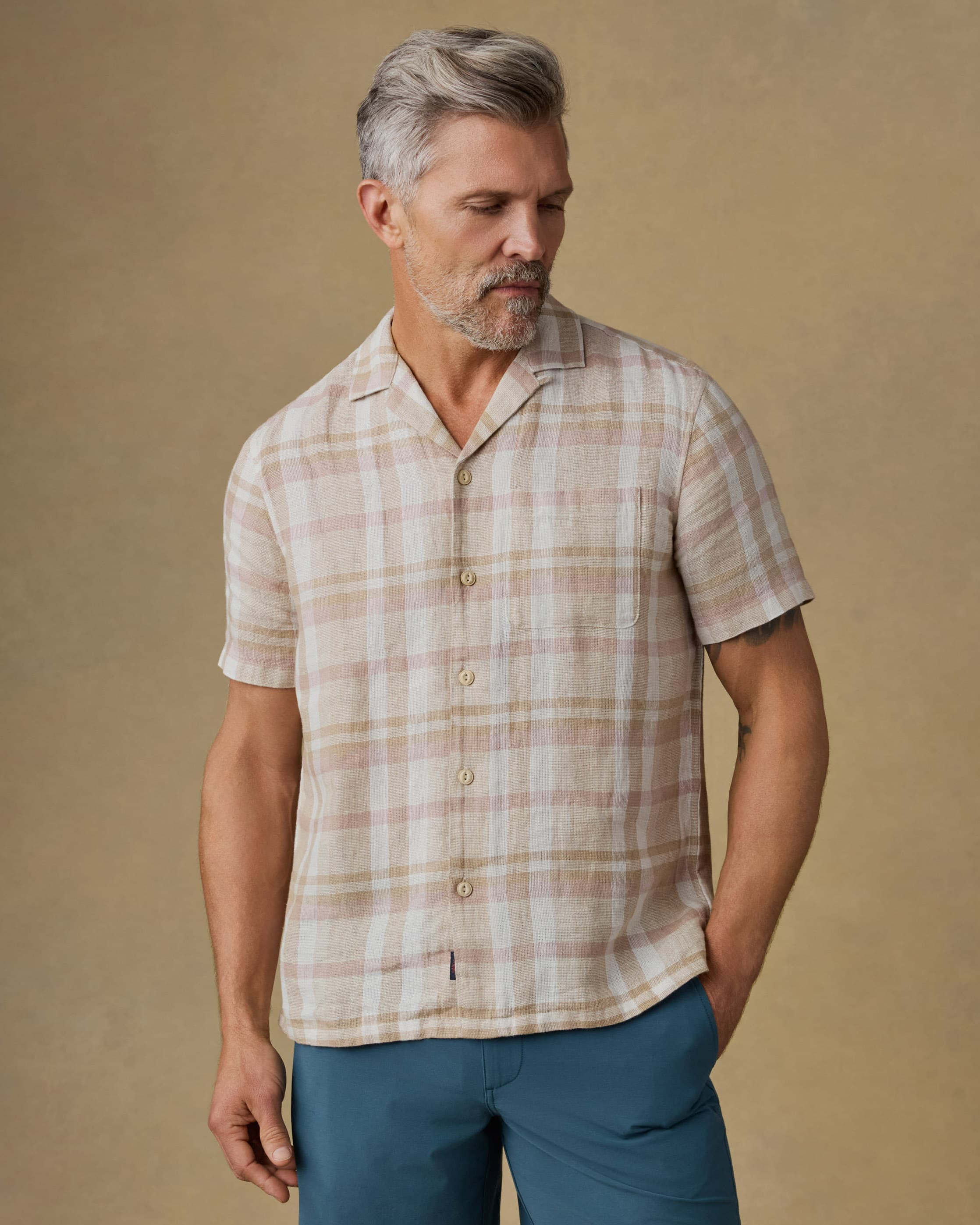SS Palma Linen Camp Shirt - Shore Sun Woodblock, breathable plaid linen men's short sleeve by FAHERTY