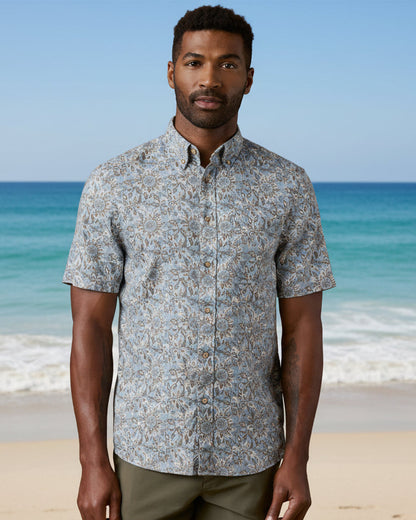 SS Breeze Shirt - Teal Island Floral, breathable linen men's short sleeve by FAHERTY at HCO FBG