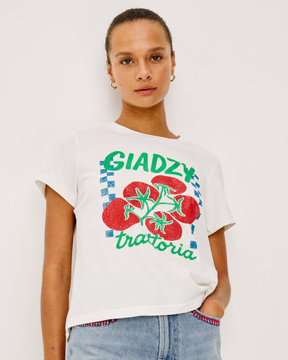 The Classic Crew - Giadzy Trattoria white t-shirt with red tomatoes and green lettering by RAILS