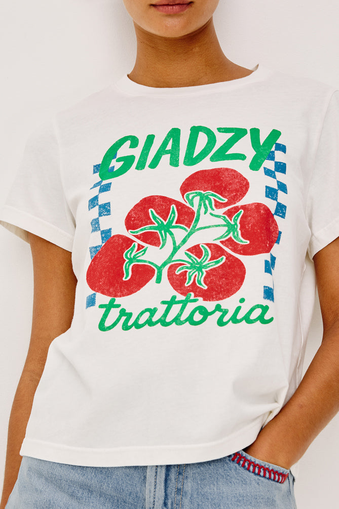 The Classic Crew - Giadzy Trattoria white cotton shirt with red tomatoes and blue check print