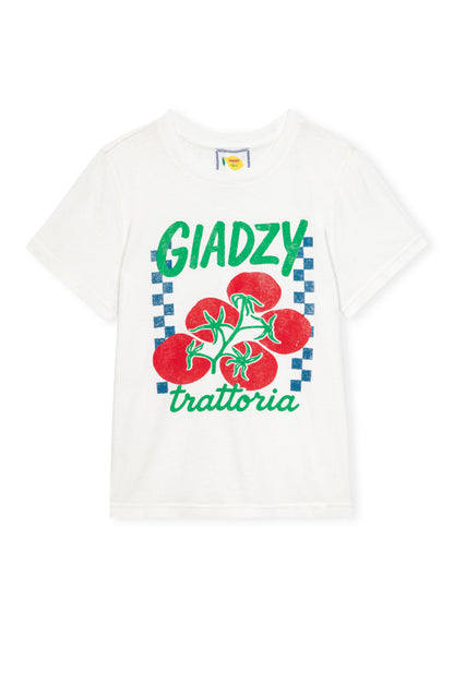 The Classic Crew - Giadzy Trattoria white cotton t-shirt with green lettering and red tomato graphic