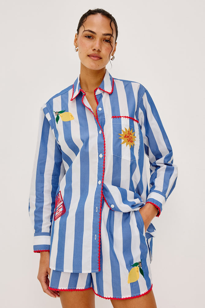 Elsa - Dolce Vita Embroidery striped shirt with bright red trim from RAILS Women's Long Sleeve Shirts