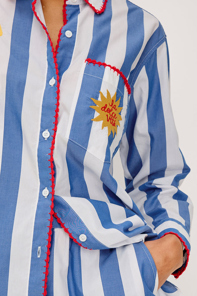 Elsa - Dolce Vita Embroidery striped shirt with red trim and front pocket embroidery by RAILS