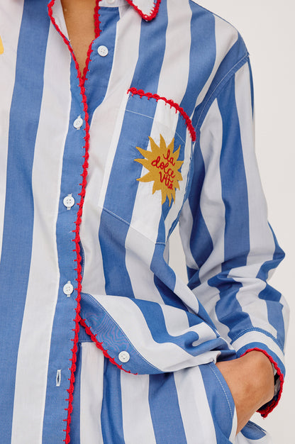 Elsa - Dolce Vita Embroidery striped shirt with red trim and front pocket embroidery by RAILS