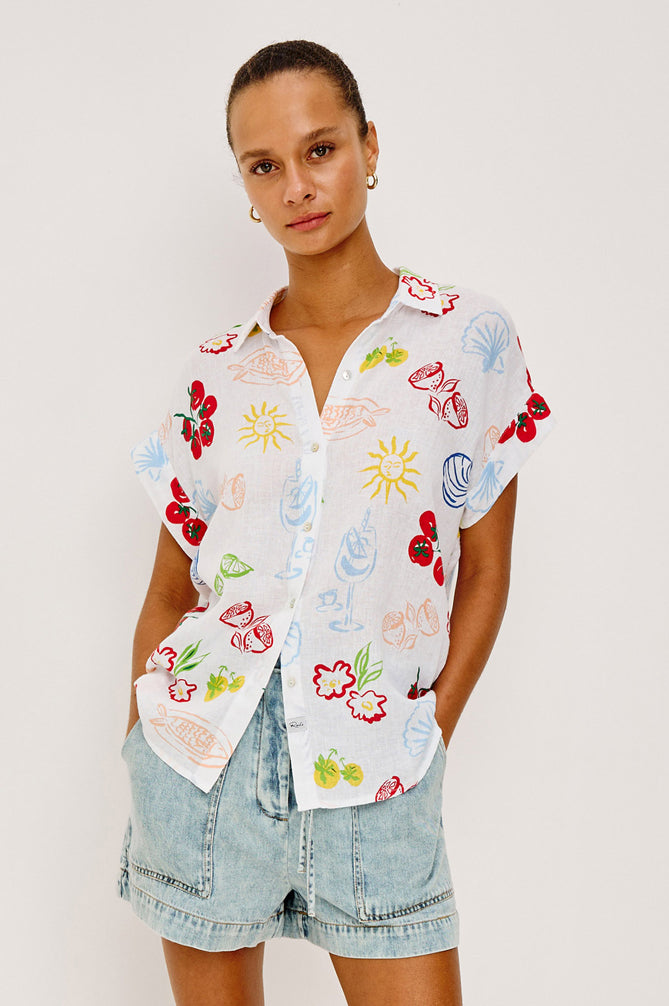 Farrah - White Antipasti multicolor floral short sleeve linen blend shirt by RAILS