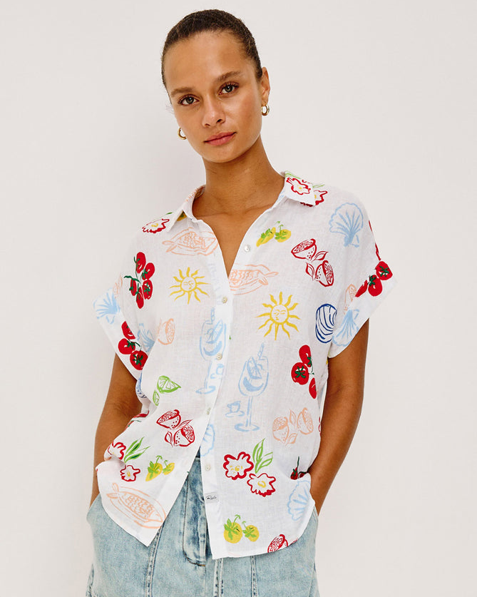 Farrah - White Antipasti multicolor floral short sleeve shirt in linen blend by RAILS