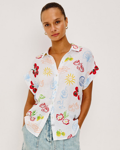 Farrah - White Antipasti multicolor floral short sleeve shirt in linen blend by RAILS