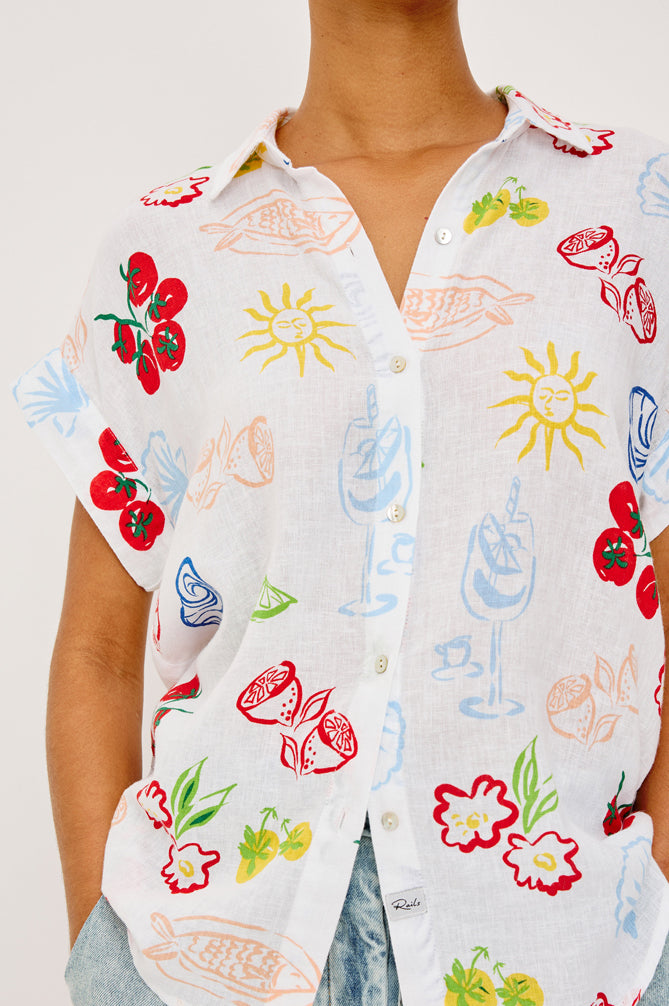 Farrah - White Antipasti multicolor floral short sleeve linen blend shirt by RAILS