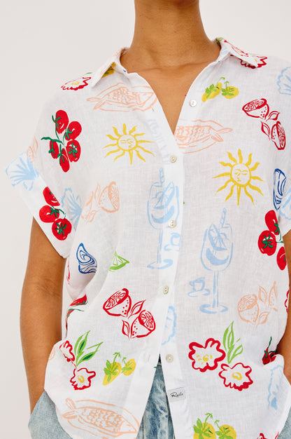 Farrah - White Antipasti multicolor floral short sleeve linen blend shirt by RAILS