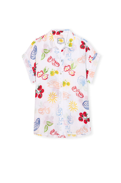 Farrah - White Antipasti multicolor floral short sleeve shirt in linen blend by RAILS