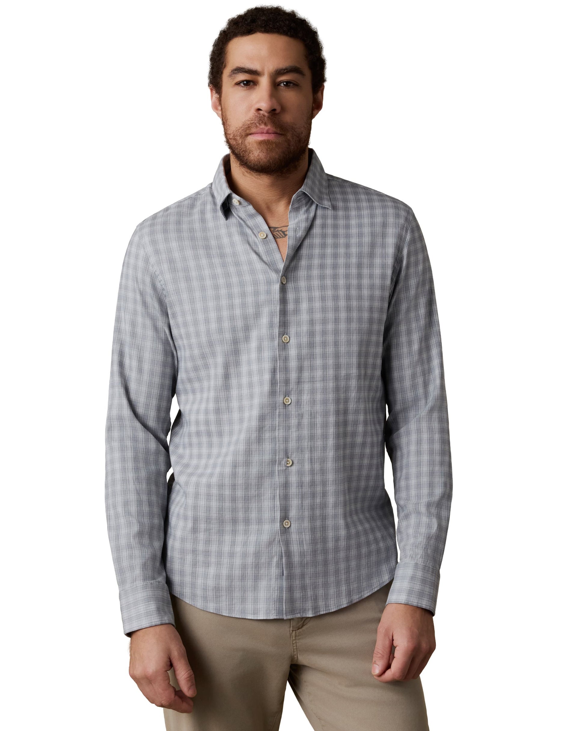 Movement Monterey Shirt - River Flint Plaid by FAHERTY, men's breathable stretch cotton long sleeve shirt