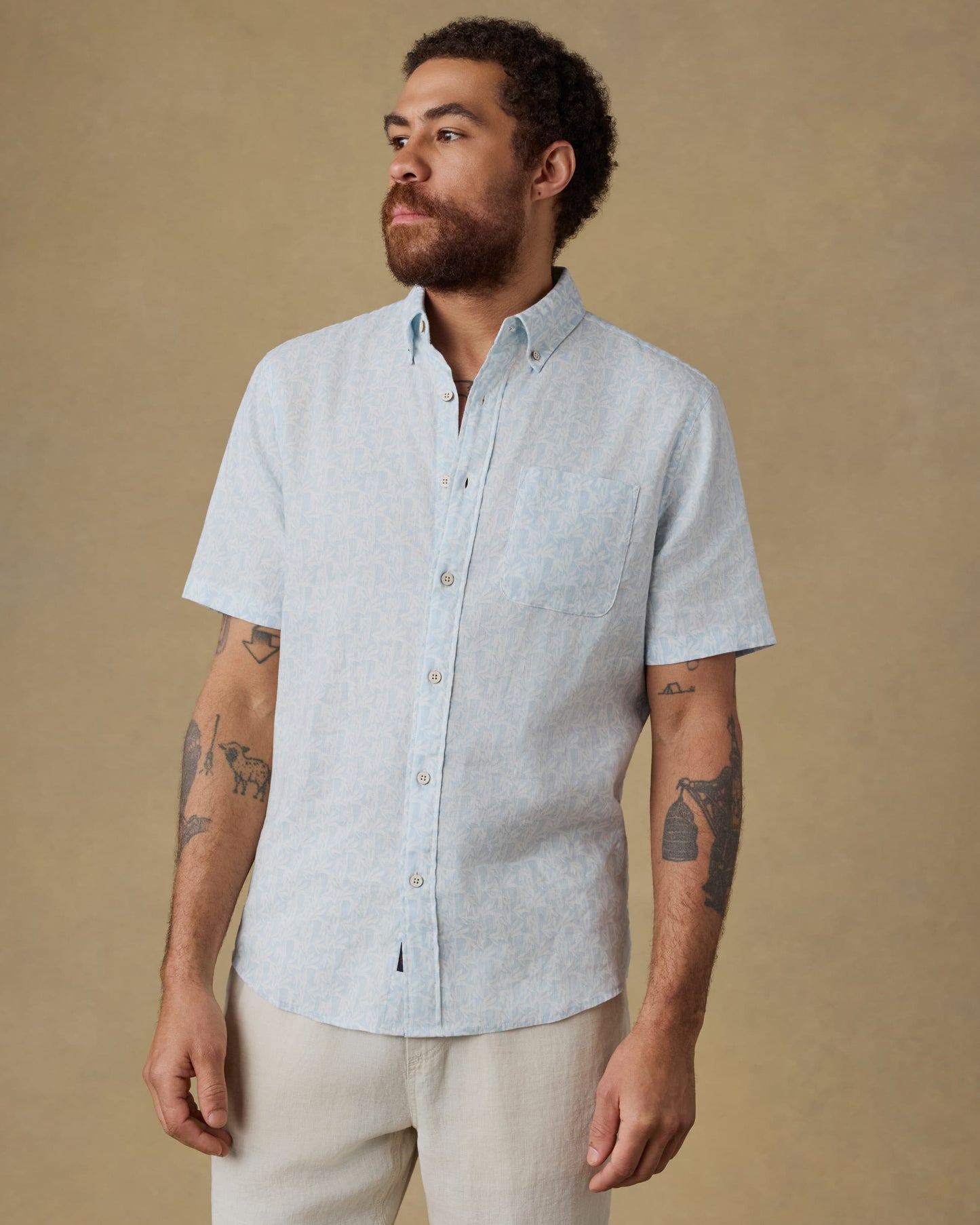 SS Breeze Shirt - Clear Sky Leaf men's short sleeve linen shirt by FAHERTY, breathable style