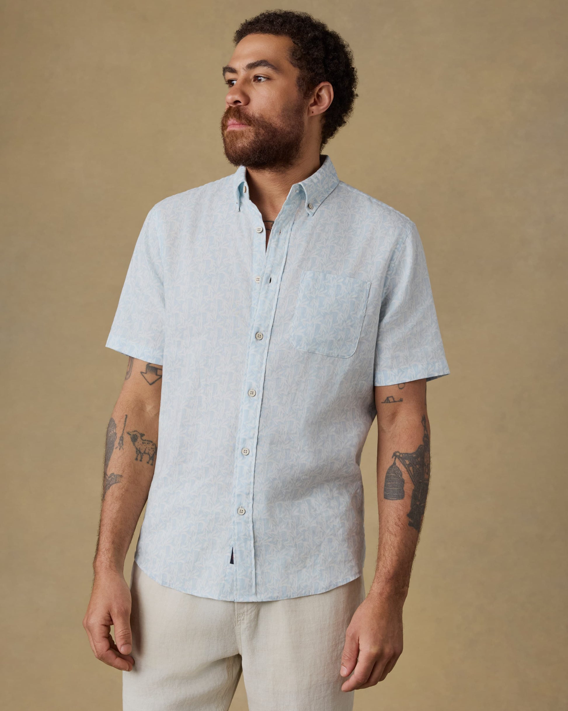 SS Breeze Shirt - Clear Sky Leaf men's short sleeve linen shirt by FAHERTY, breathable style