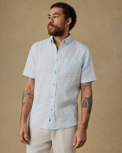 SS Breeze Shirt - Clear Sky Leaf men's short sleeve linen shirt by FAHERTY, breathable style