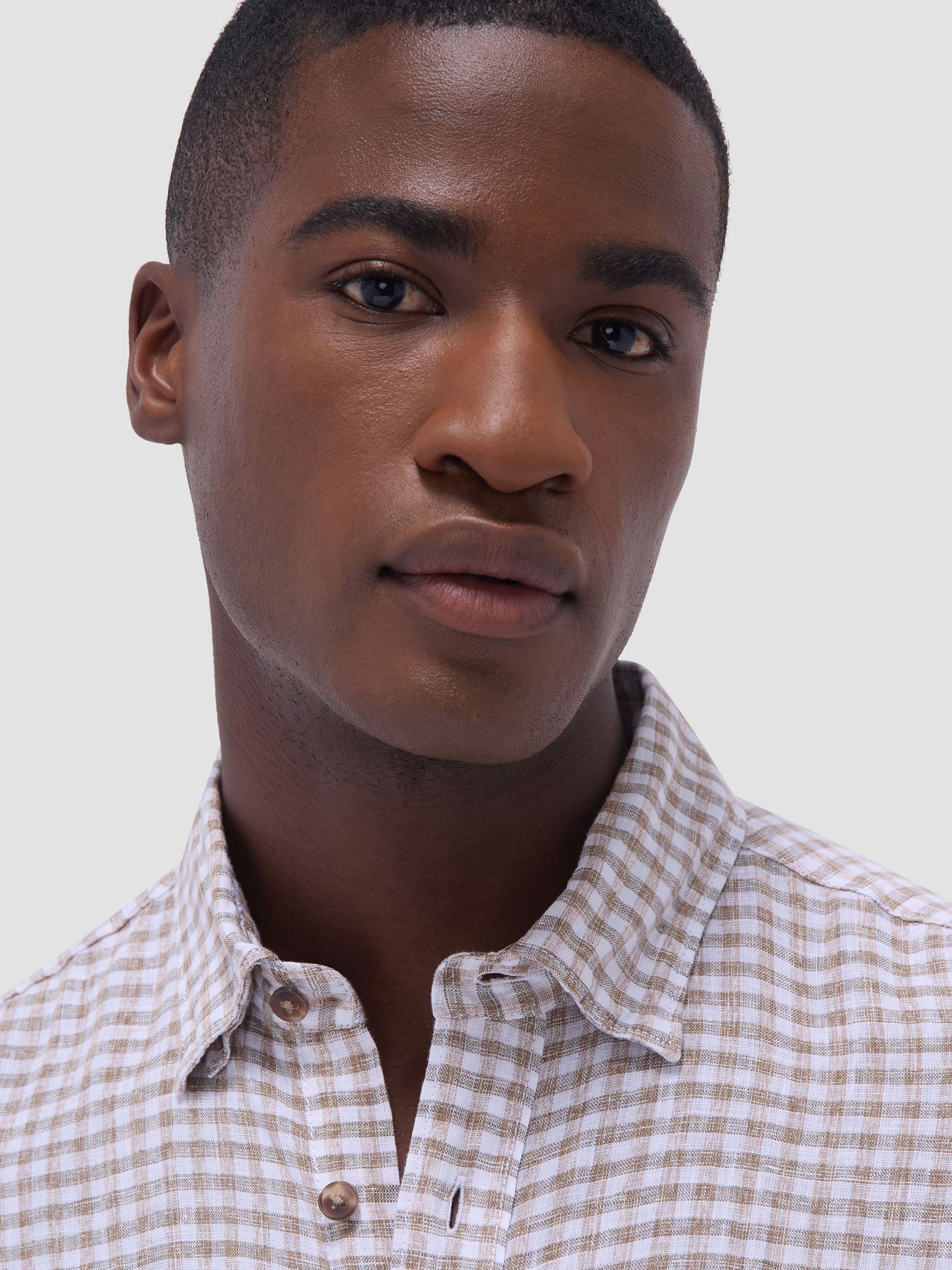 L/S KARL LINEN SHAPED - OLIVE checkered linen men's long sleeve shirt by BUGATCHI, HCO collection