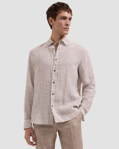 L/S KARL LINEN SHAPED - OLIVE in checkered breathable linen, men's long sleeve shirt by BUGATCHI