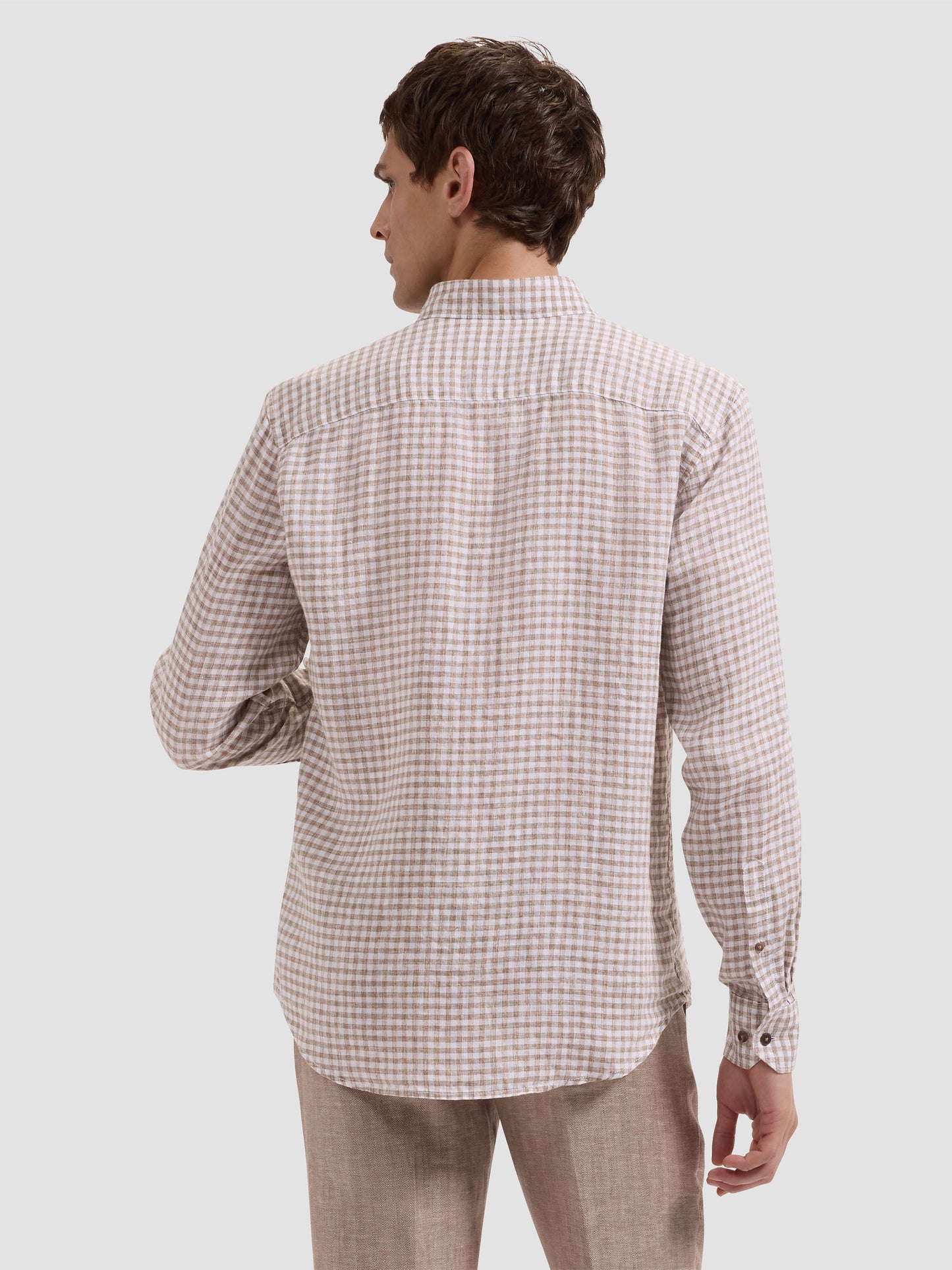 L/S KARL LINEN SHAPED - OLIVE checkered breathable linen shirt in men's long sleeve style by BUGATCHI