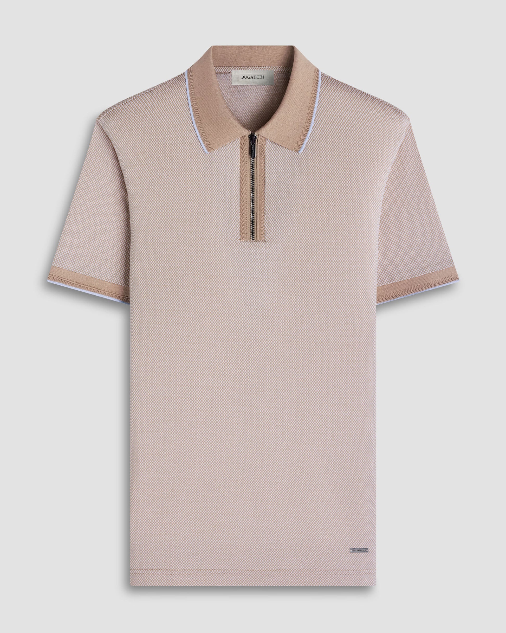 S/S QUARTER ZIP POLO - SAND, beige checkered mercerized cotton men's short sleeve shirt by BUGATCHI