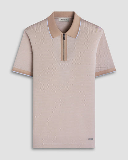 S/S QUARTER ZIP POLO - SAND, beige checkered mercerized cotton men's short sleeve shirt by BUGATCHI