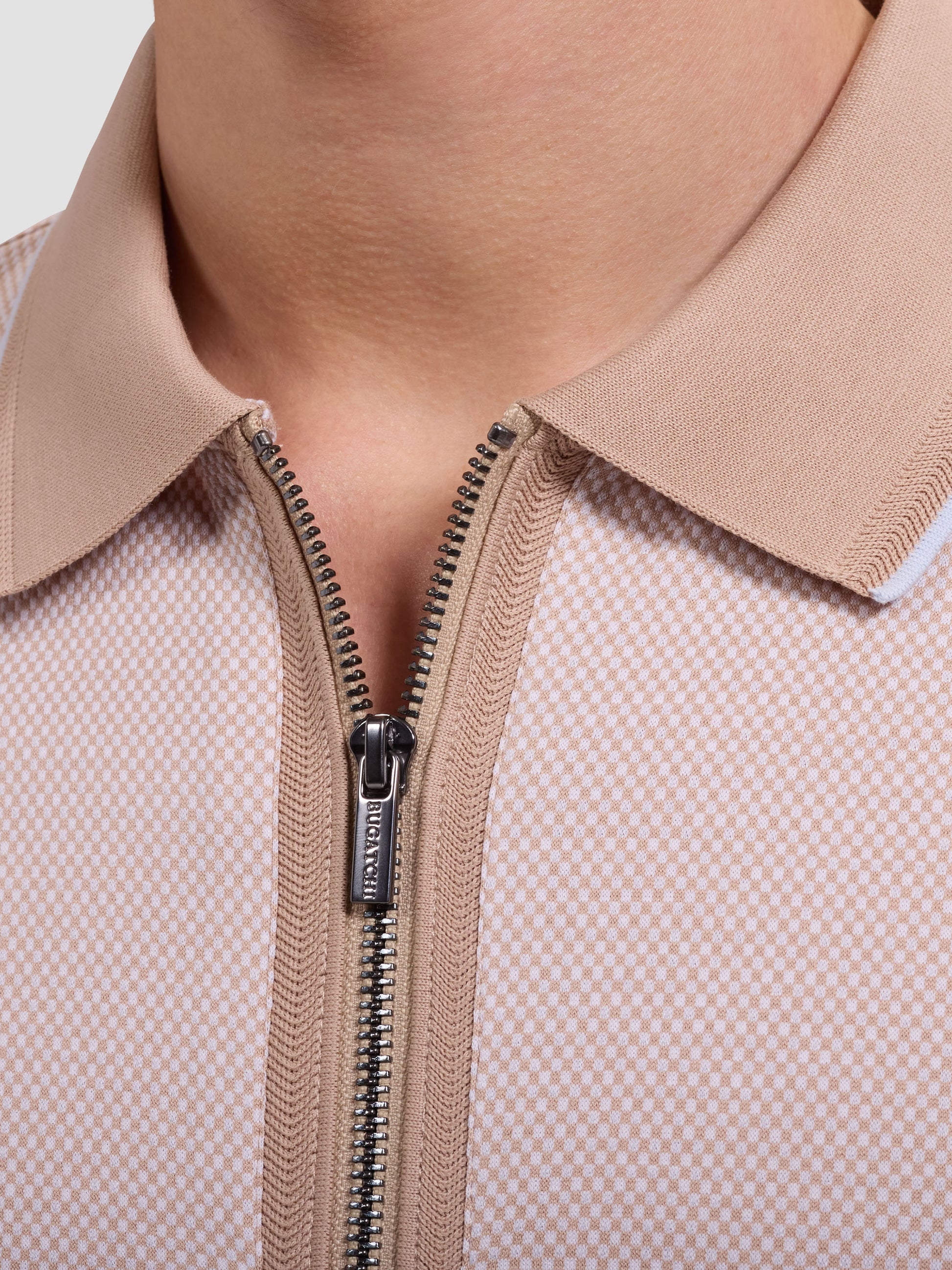 S/S QUARTER ZIP POLO - SAND in beige checkered mercerized cotton with zipper by BUGATCHI