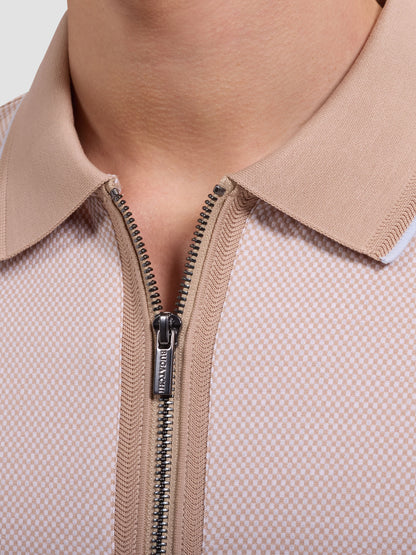 S/S QUARTER ZIP POLO - SAND in beige checkered mercerized cotton with zipper by BUGATCHI