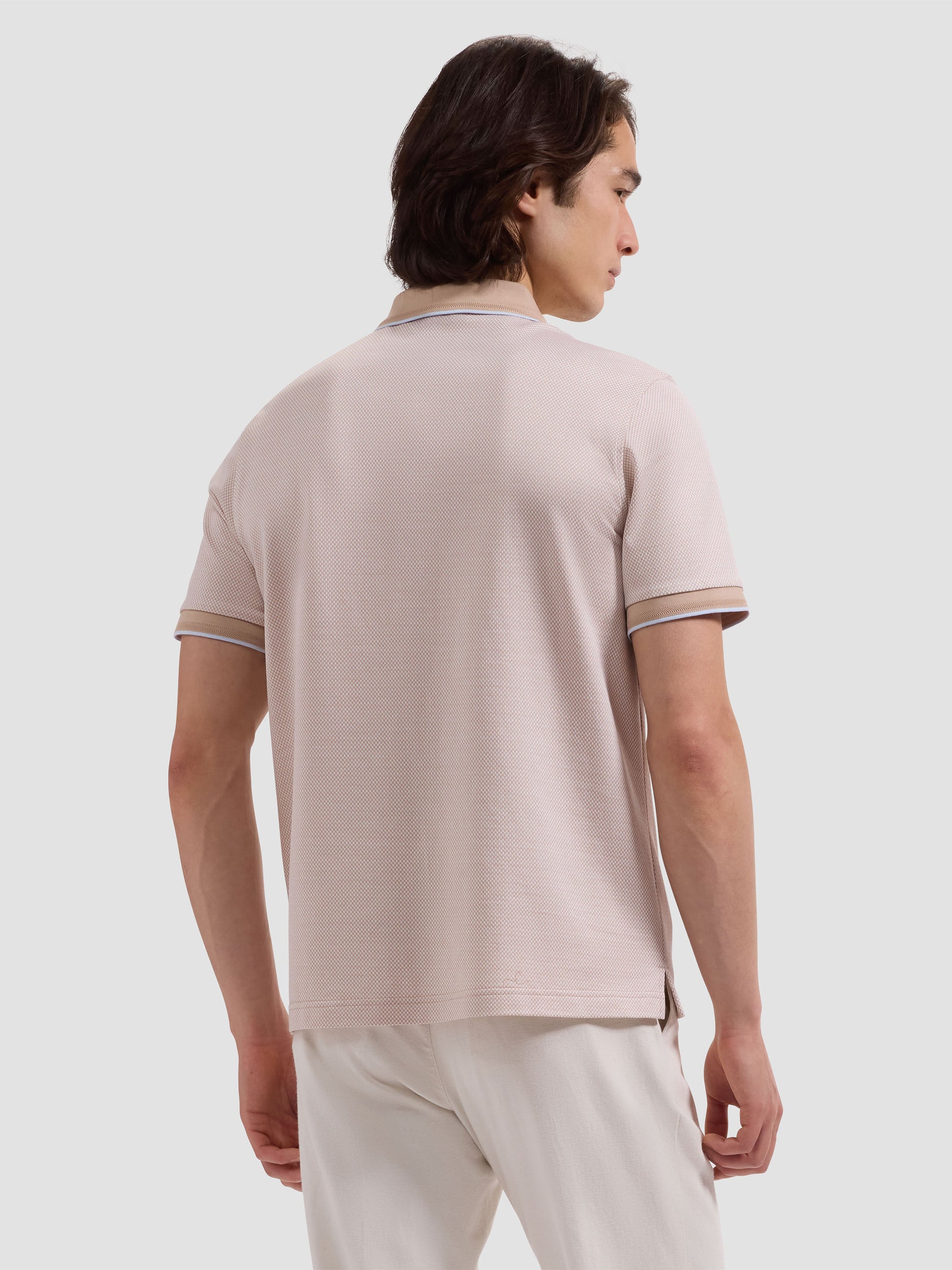 S/S QUARTER ZIP POLO - SAND in beige checkered mercerized cotton, Bugatchi men's short sleeve shirt