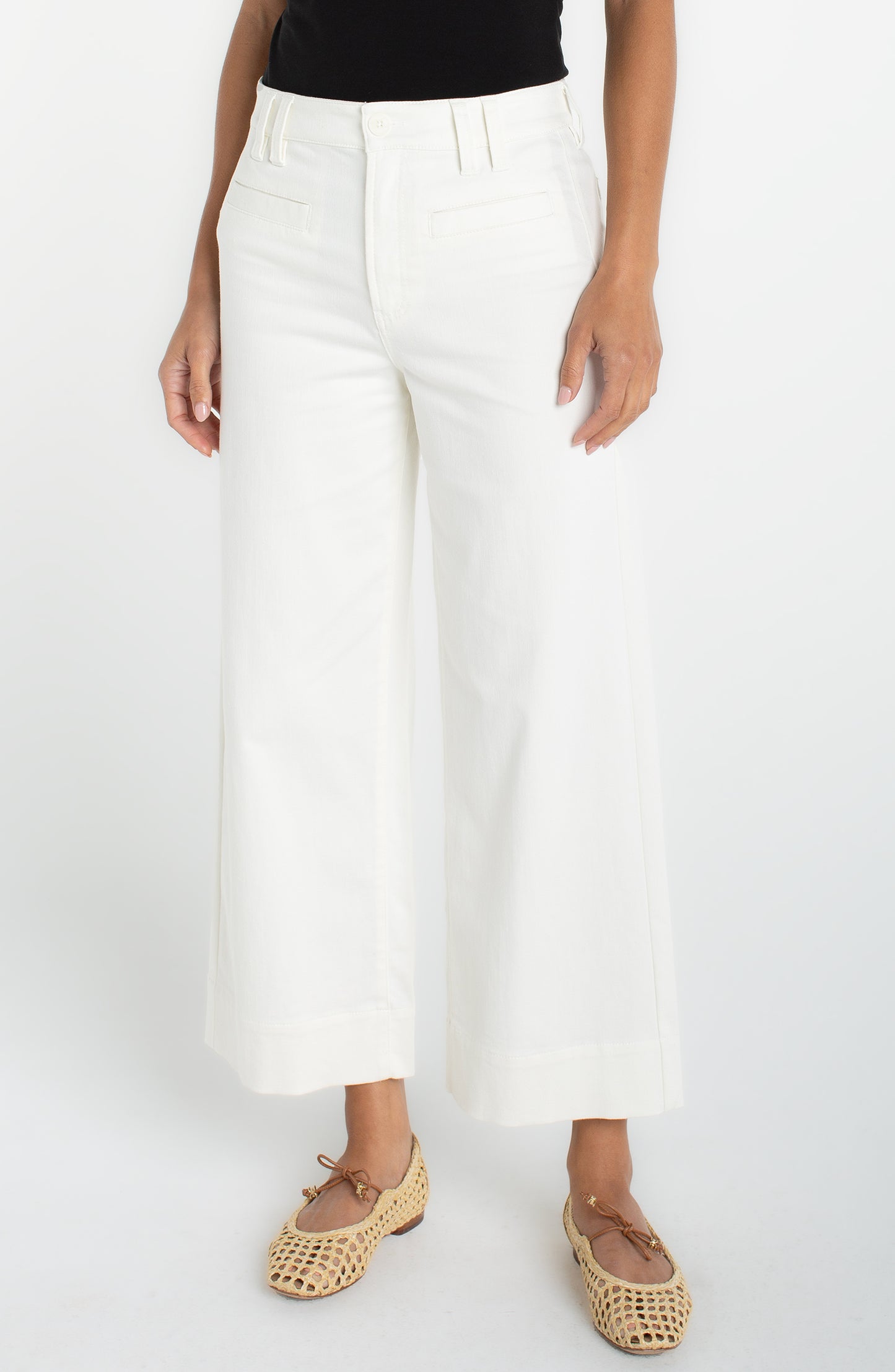 hr crop wide leg w/ welts 26' ins in ivory cotton blend, women's pants by LIVERPOOL LOS ANGELES