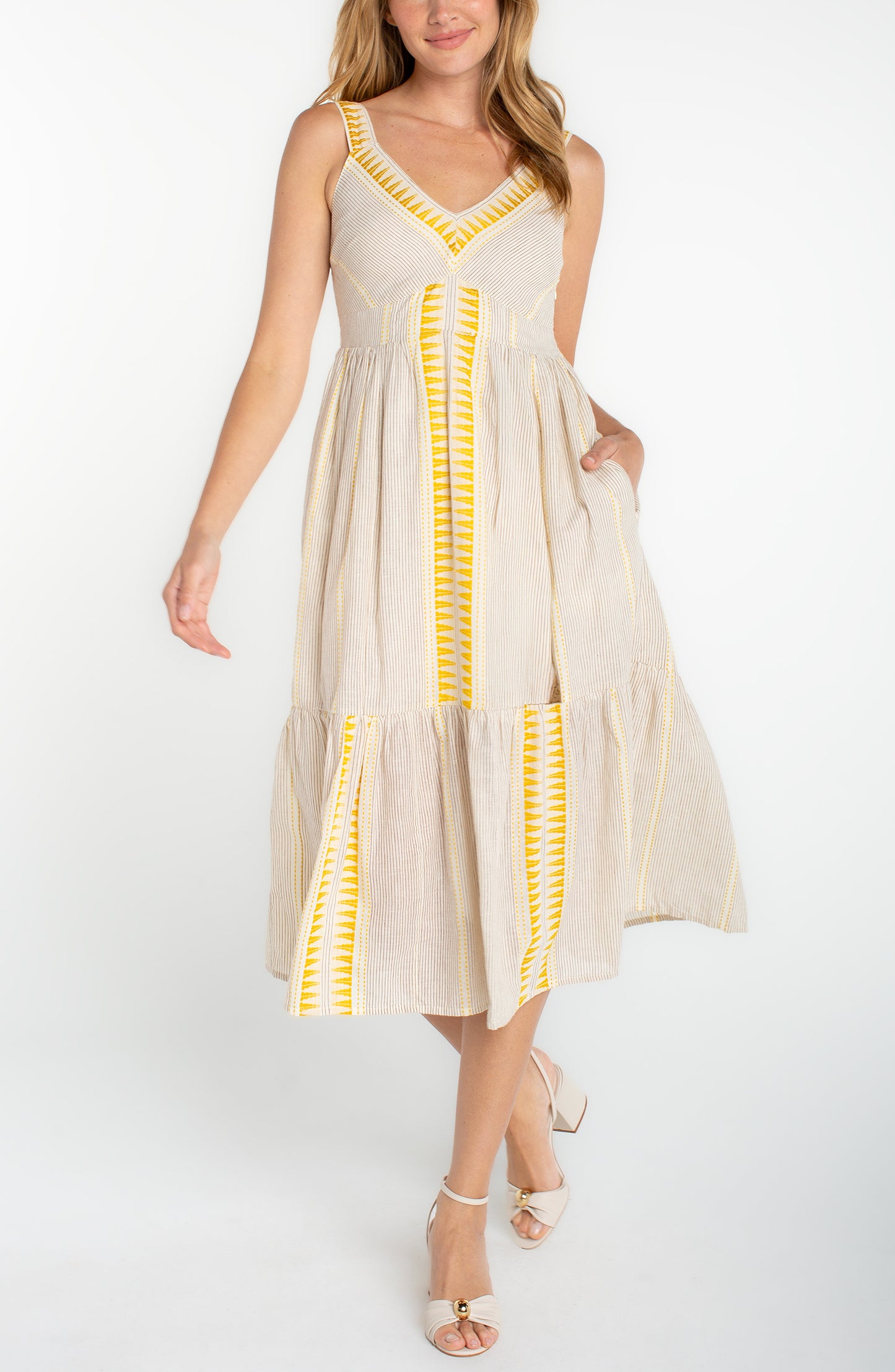 slvless midi dress in beige with yellow geometric contrast detail, lightweight fabric