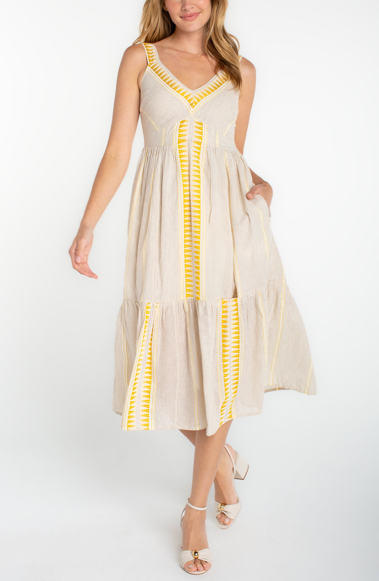 slvless midi dress in beige with yellow geometric contrast detail, lightweight fabric