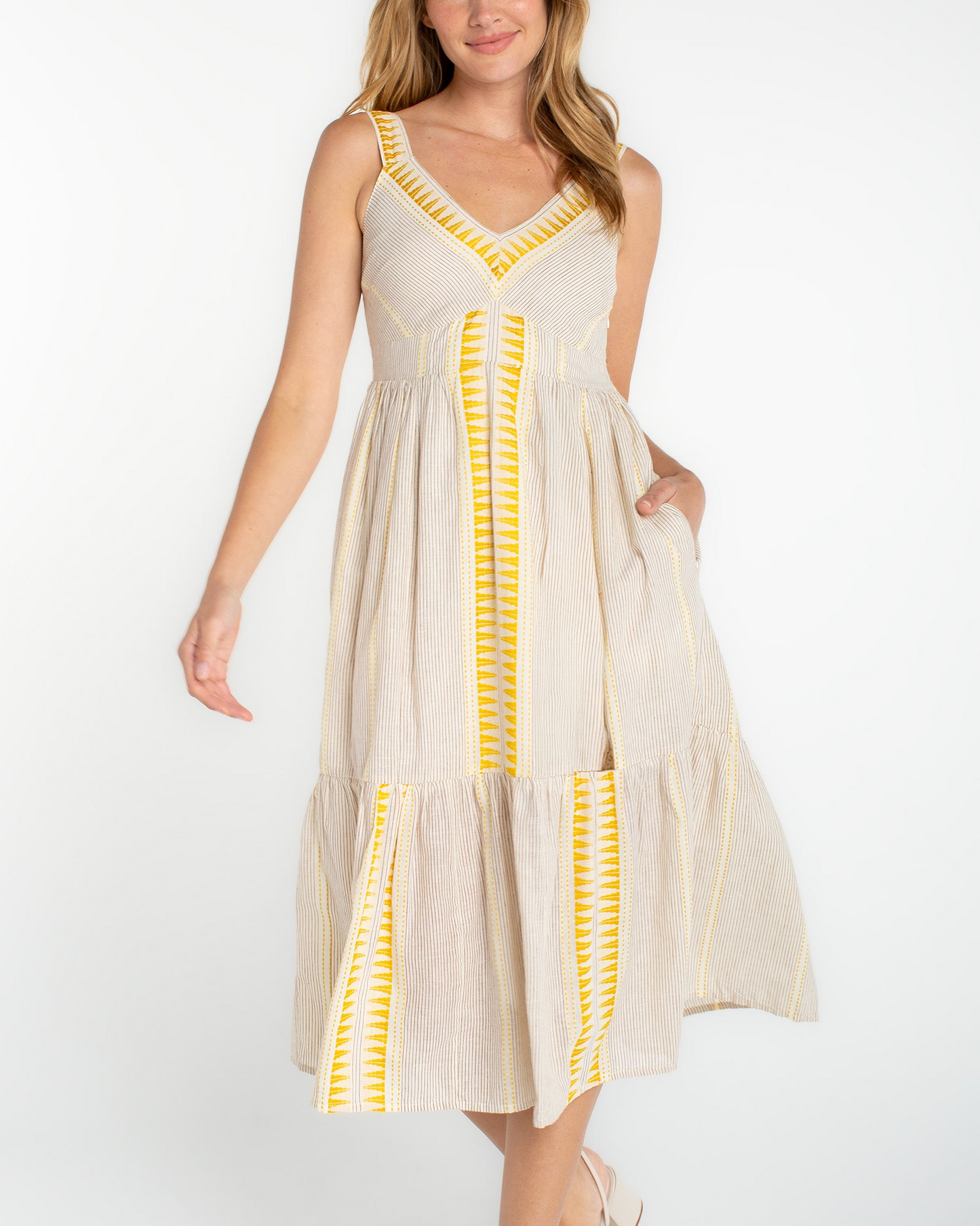 slvless midi dress in beige with yellow contrast detail, lightweight fabric, by LIVERPOOL LOS ANGELES