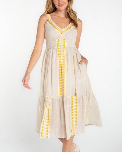 slvless midi dress in beige with yellow contrast detail, lightweight fabric, by LIVERPOOL LOS ANGELES