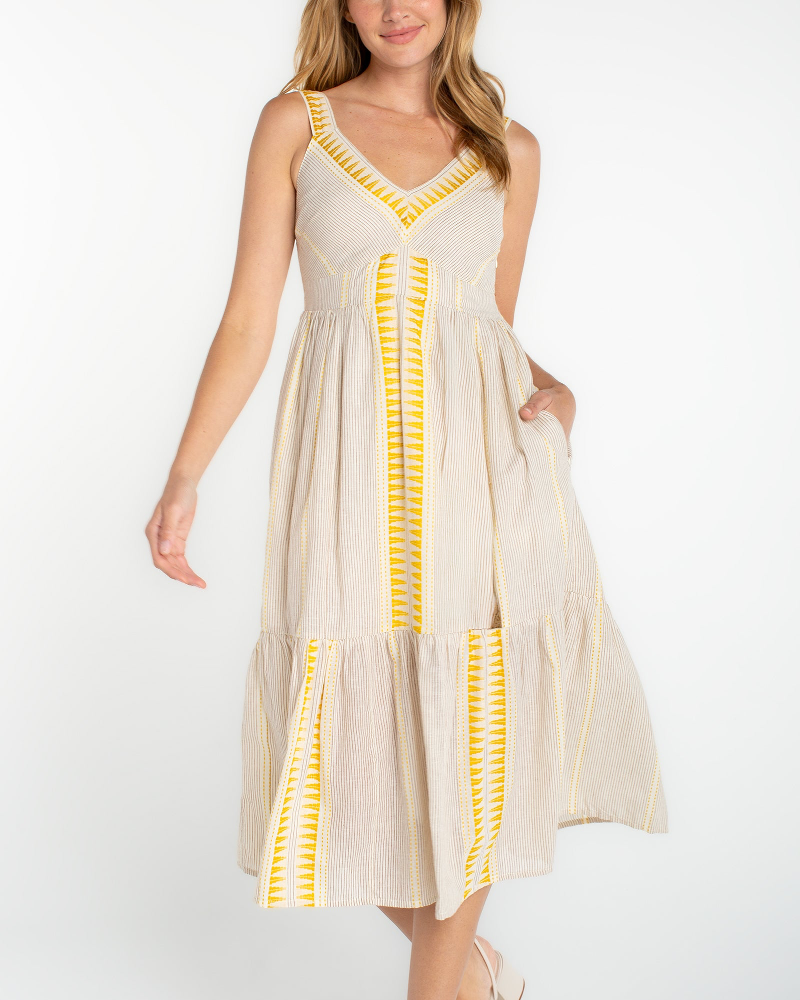 slvless midi dress in beige with yellow contrast detail, lightweight fabric, by LIVERPOOL LOS ANGELES