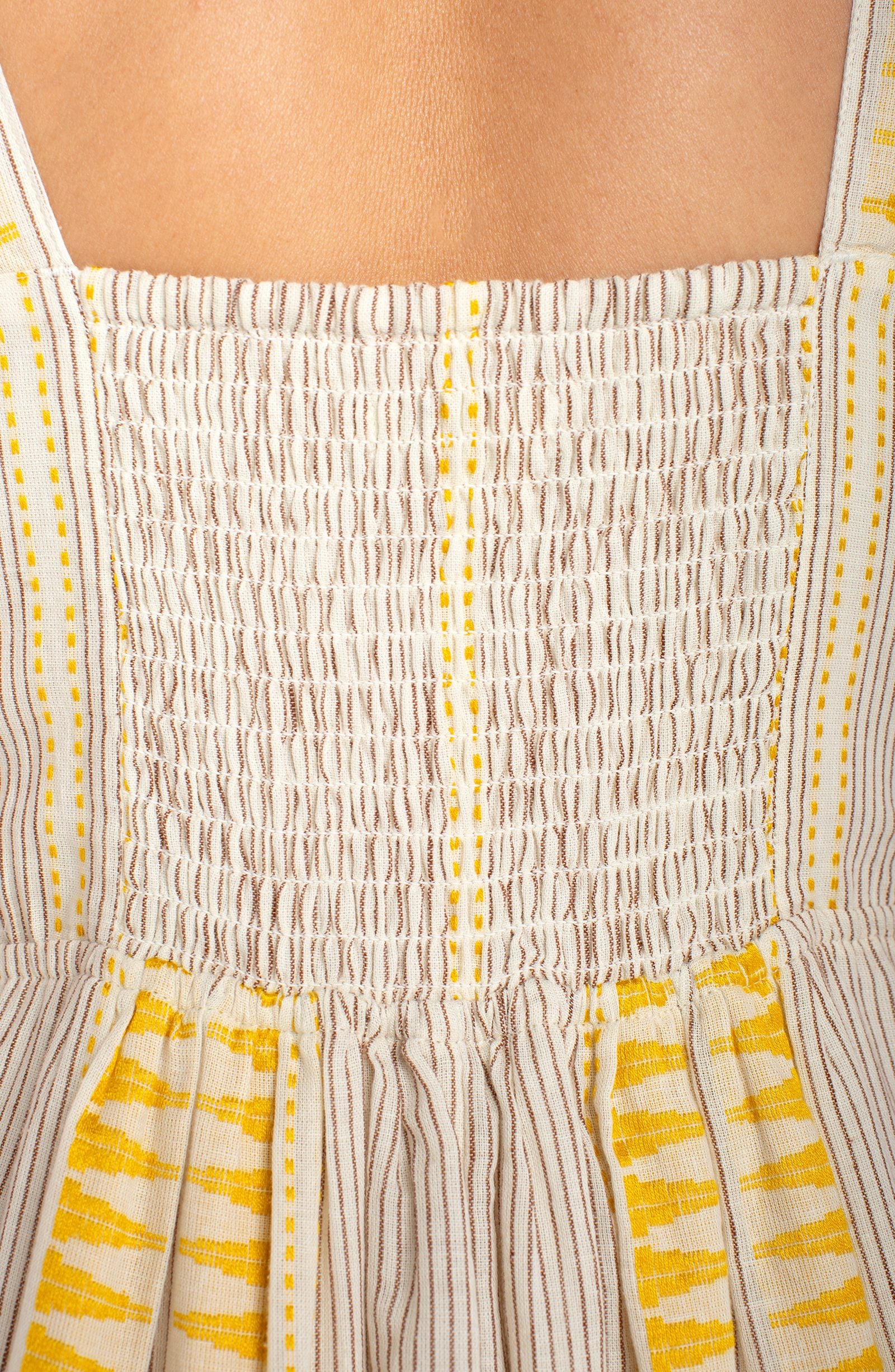 slvless midi dress with smocked back and yellow striped contrast, lightweight cotton fabric