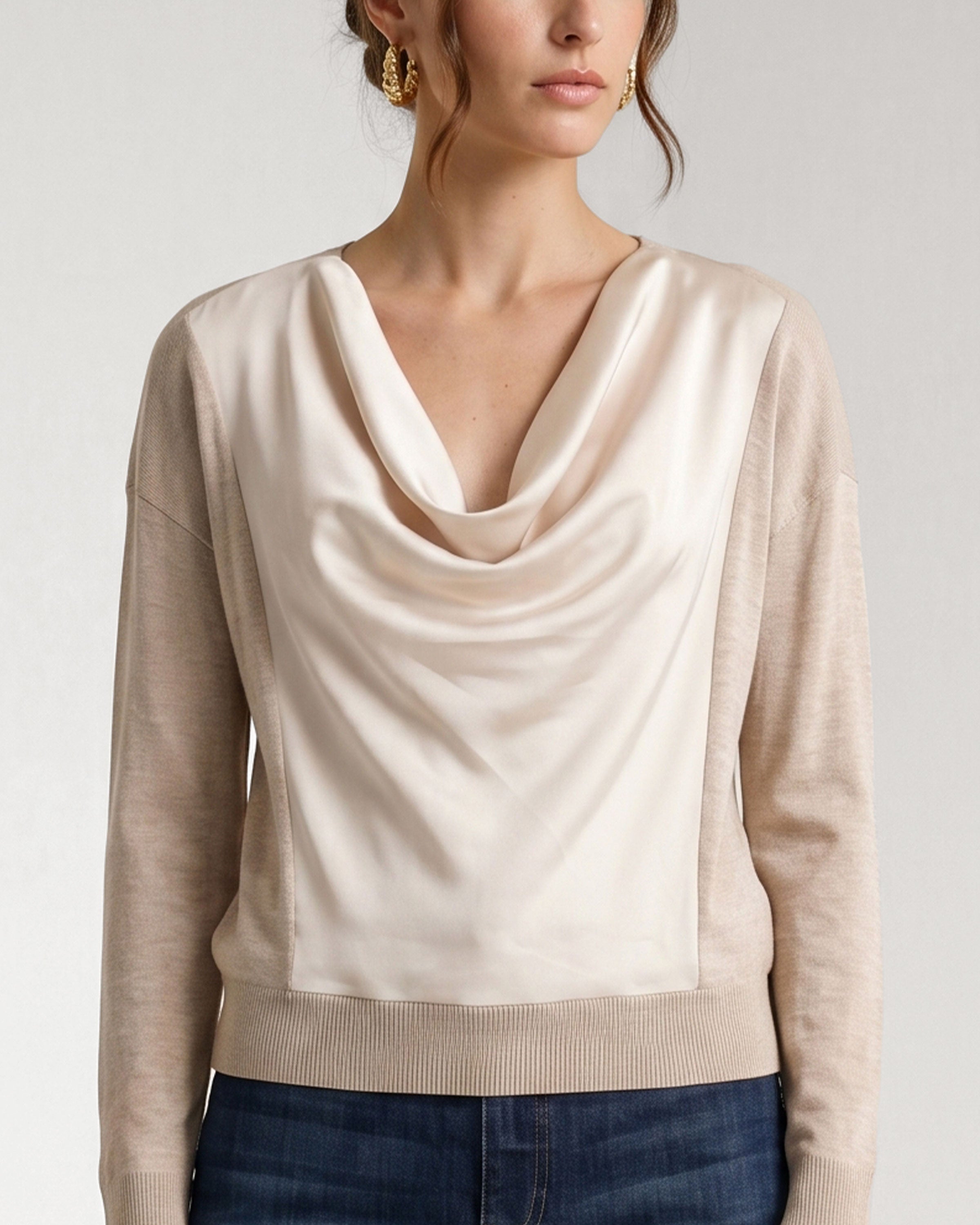 Long Sleeve Drape Neck Woven Sweater