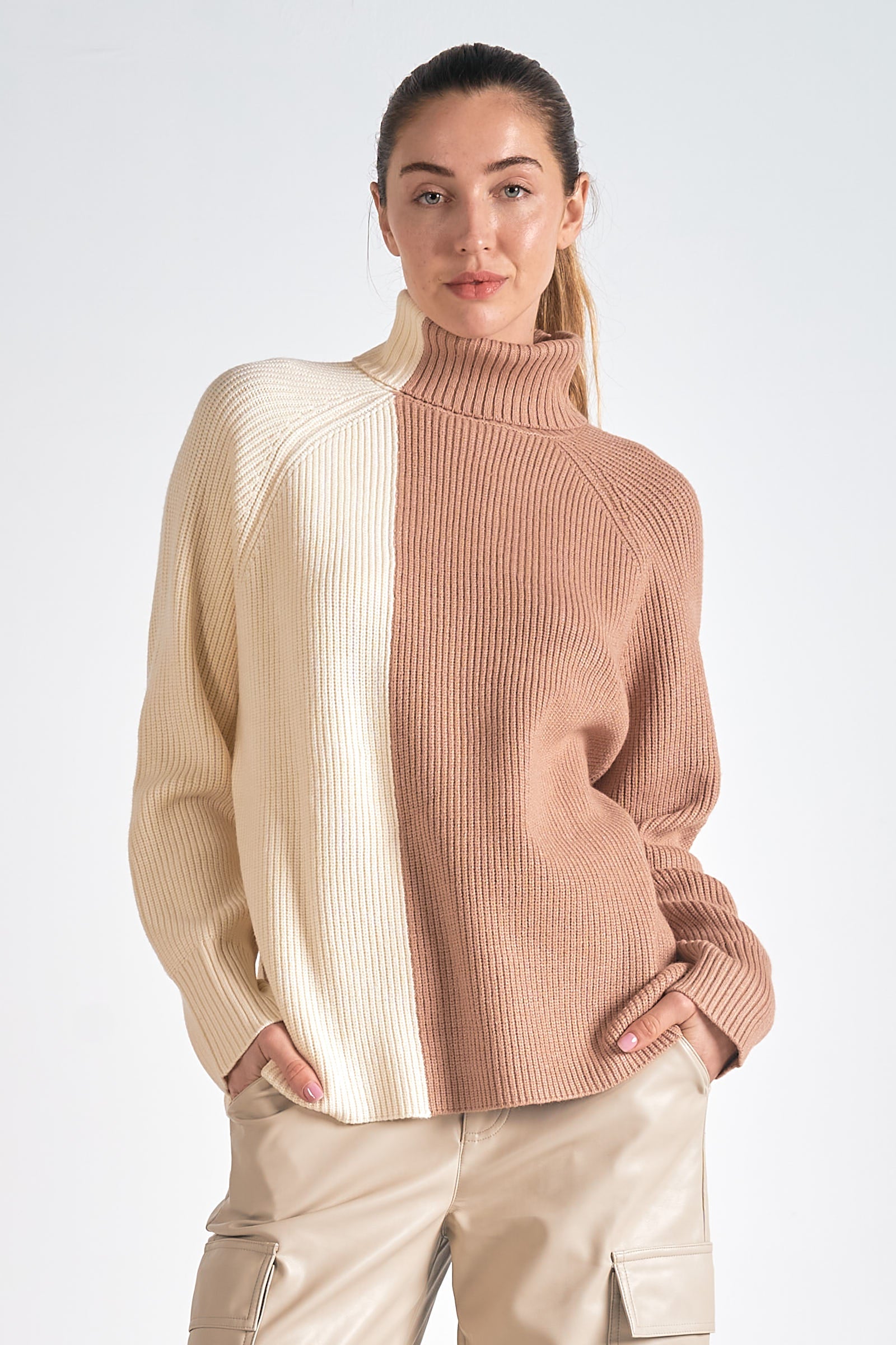 Colorblock turtleneck sweater, beige and cream ribbed knit panels