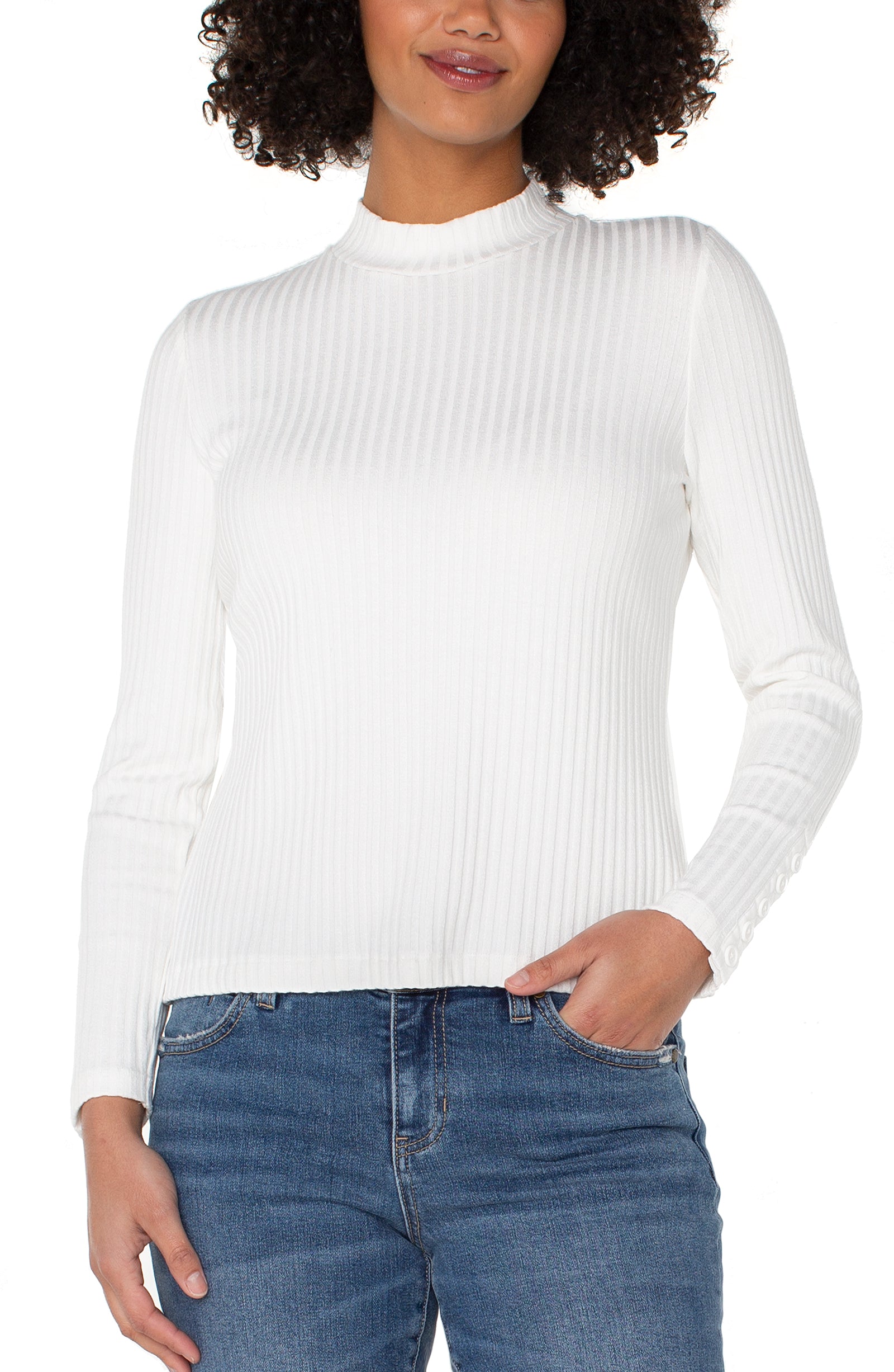 Long Sleeve Mock Neck Knit Top W/Button Detail
