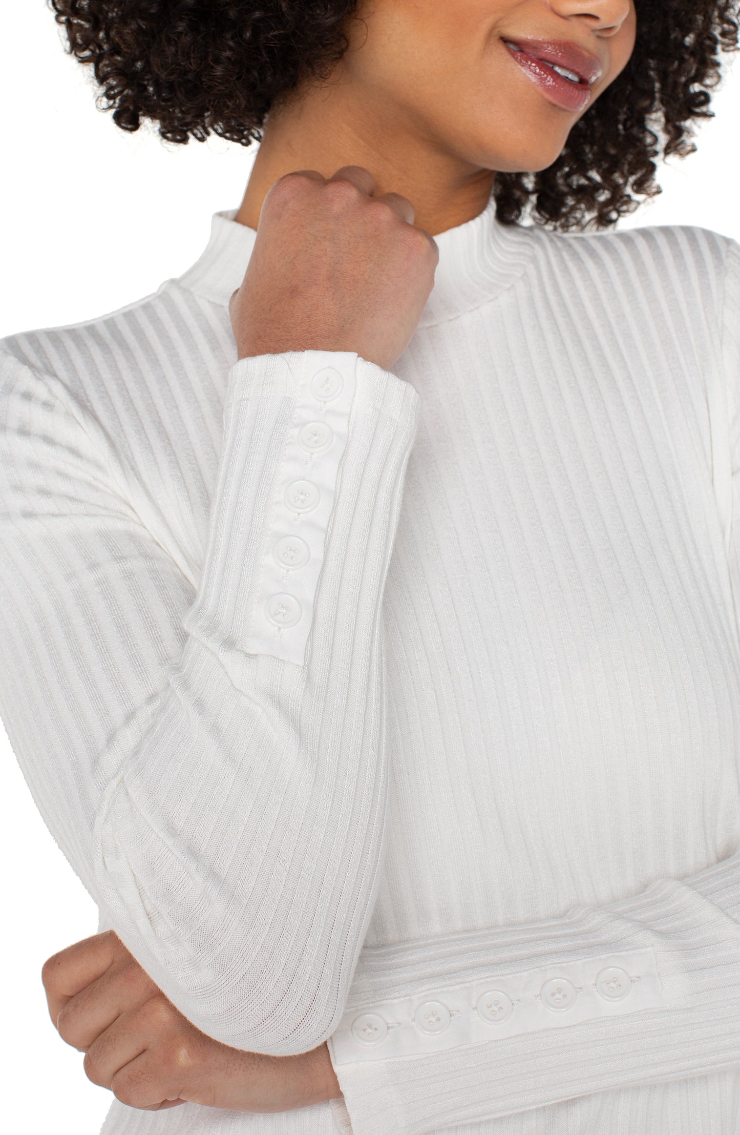 Long Sleeve Mock Neck Knit Top W/Button Detail