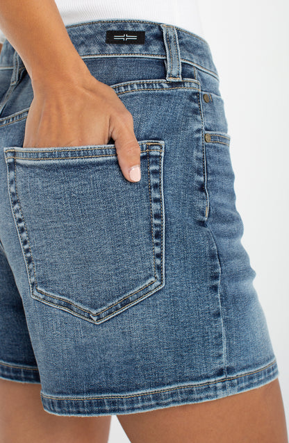 High Rise Heritage Short 4 1/2" in classic blue denim with relaxed back pocket and high-rise fit