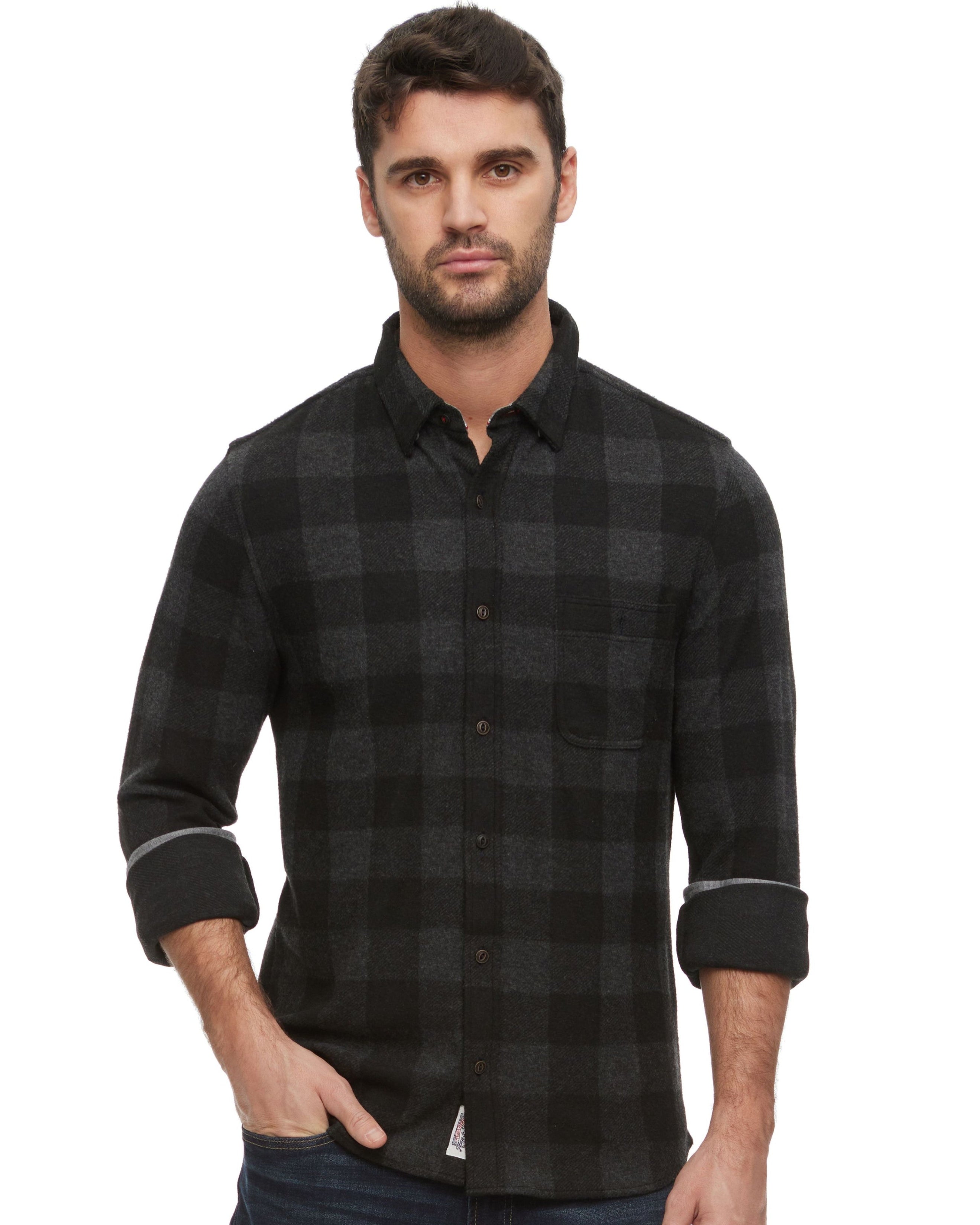 Thatcher Ls Hero Knit Flannel Shirt in gray and navy check by FLAG & ANTHEM, men's long sleeve